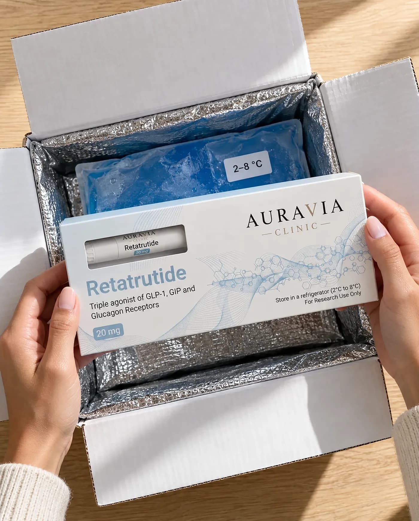 An AuraVia cold-chain box being opened, pens packed with cold packs